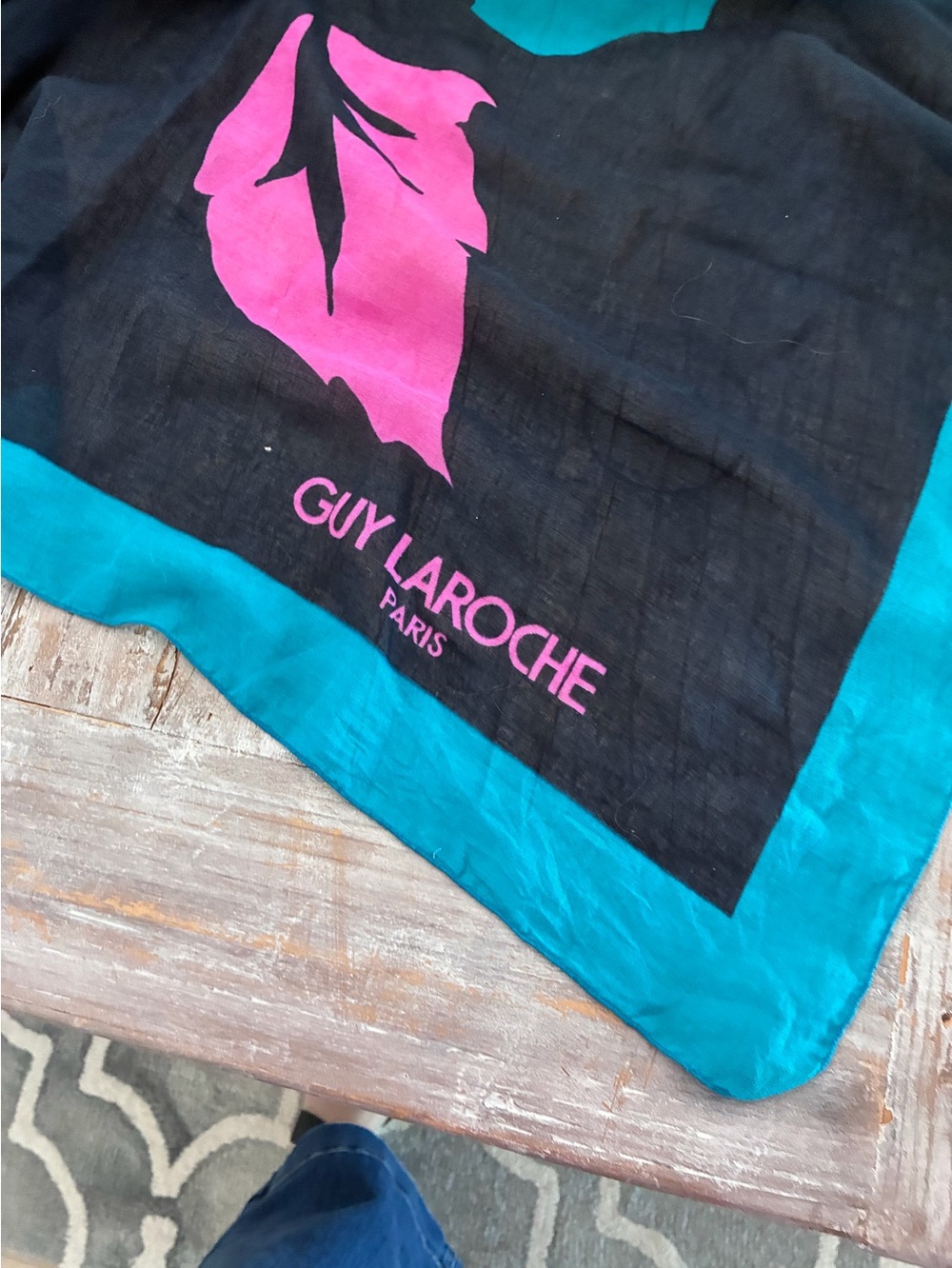 Guy Laroche Black Scarf with Pink Motif and Teal Border